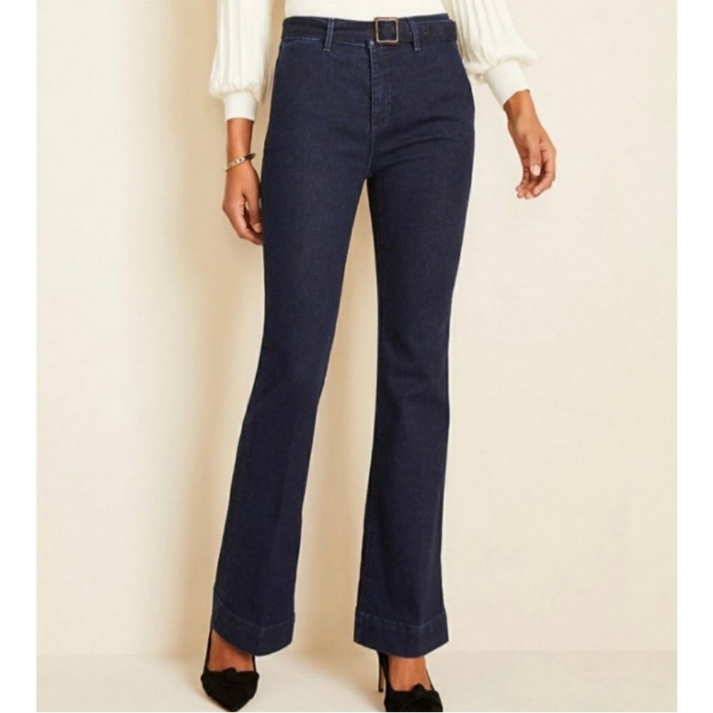 Ann Taylor The Flare High Rise Belted Dark Wash Denim Jeans Sz 2 Retro 70s